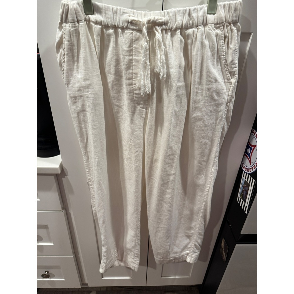 Free People White Linen Blend Elastic Waist Cropped Tapered Pants Large